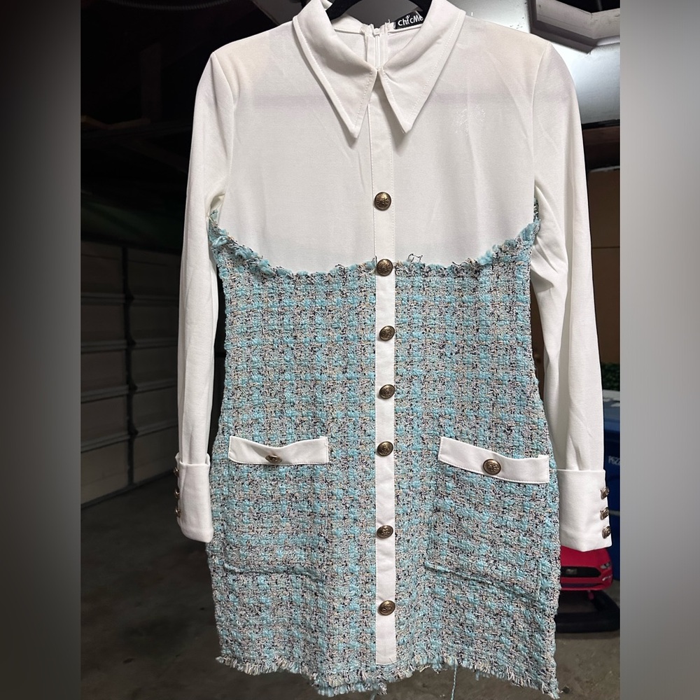 Small white sheer long sleeve with a bottom teal knit mid dress